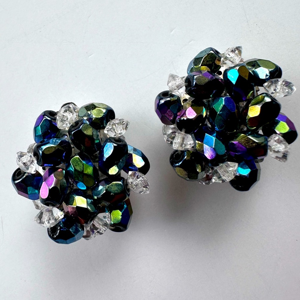 Vintage West Germany Black Carnival Faceted Glass Bead Cluster Clip On Earrings